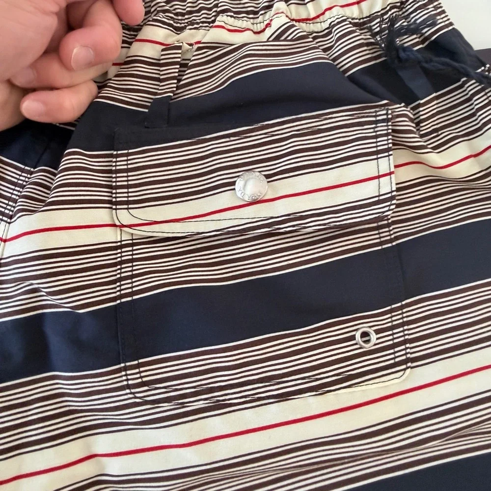 Prada UB378 Men's Medium Navy Blue White striped technical fabric swim trunks